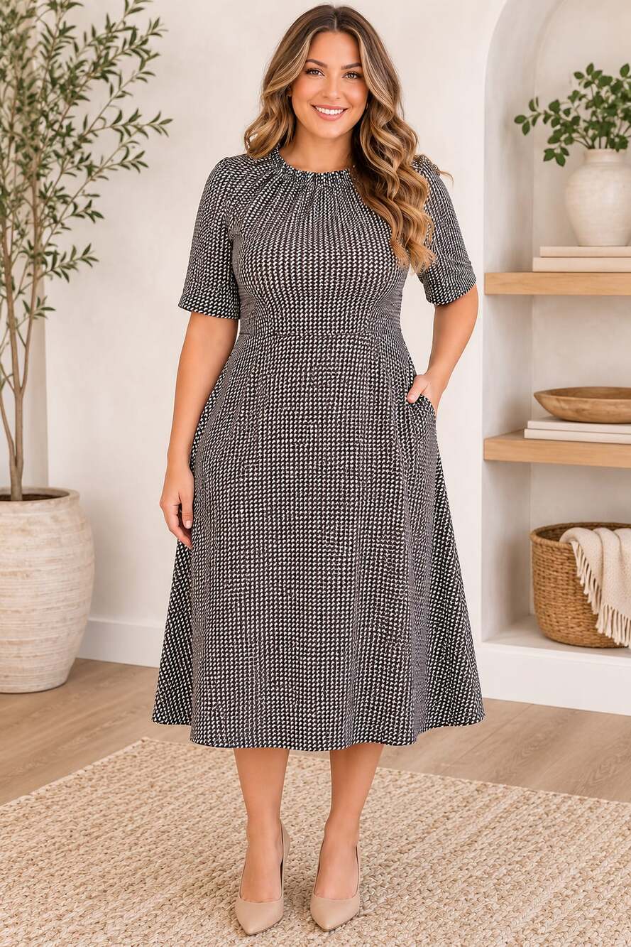 Sweet Salt Geometric Print Modest Midi Dress Women’s 2X Navy Brown Lined